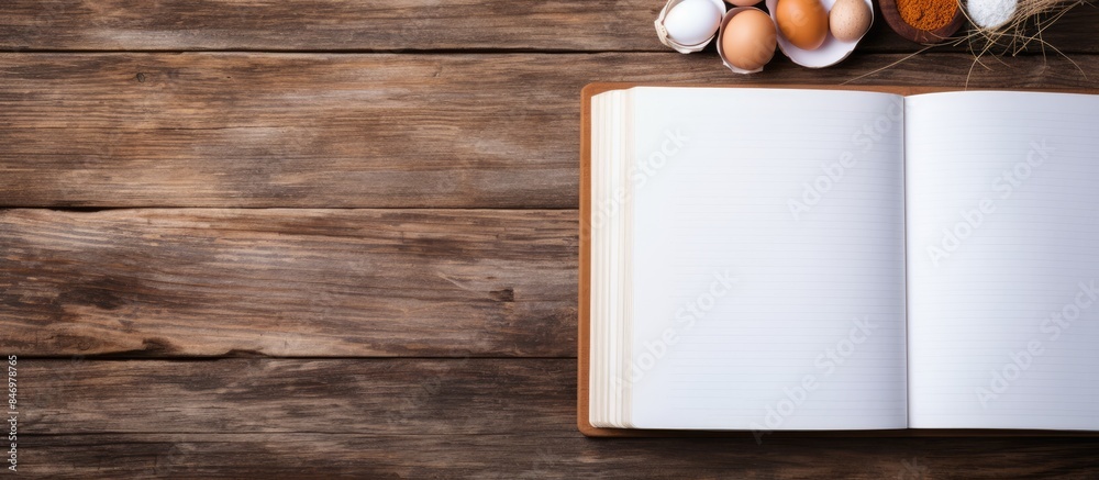 Poster an open notebook displaying eggs and various spices arranged on a rustic wooden table. with copy spa