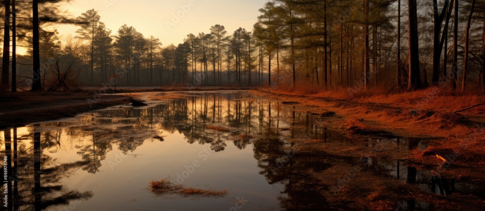 Poster Tall trees are mirrored on the surface of a retention basin filled with reddish-brown stormwater runoff. with copy space image. Place for adding text or design