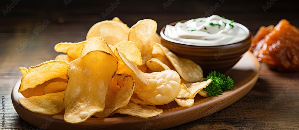 Aufkleber Plate containing crispy potato chips served with a creamy sour cream dipping sauce on a wooden table. with copy space image. Place for adding text or design