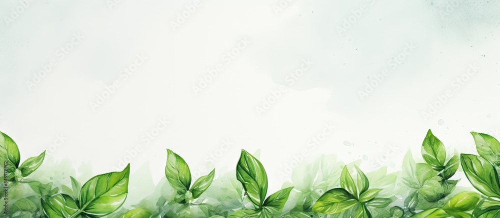 Poster watercolor painting featuring a border of lush green leaves against a clean white sky background. wi