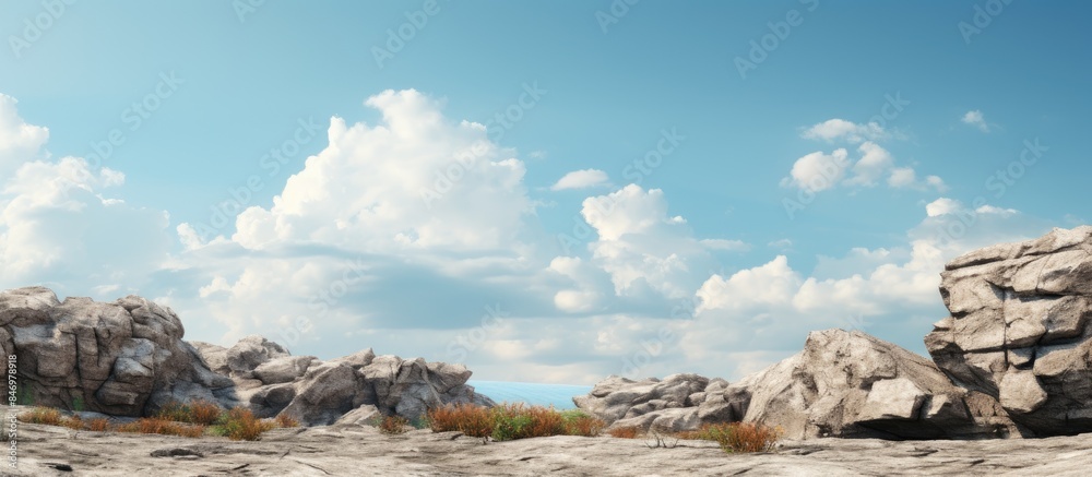 Aufkleber A rugged landscape featuring scattered rocks and patches of grass under the daylight. with copy space image. Place for adding text or design