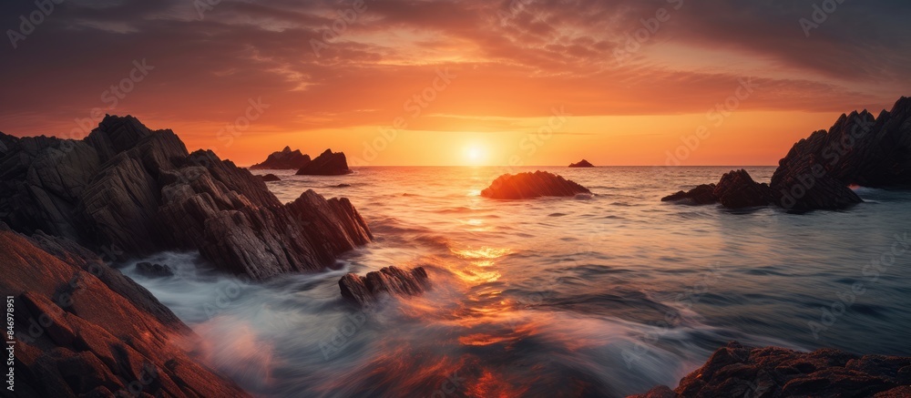 Aufkleber Sunset scenery painting a tranquil ocean view with rocks and gentle waves under the orange sky. with copy space image. Place for adding text or design