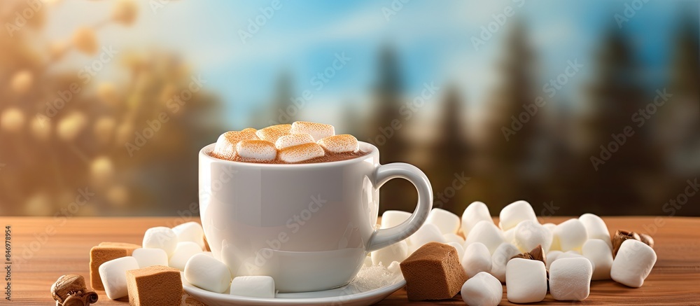 Poster Hot cocoa in a cup topped with fluffy marshmallows served on a small plate. with copy space image. Place for adding text or design