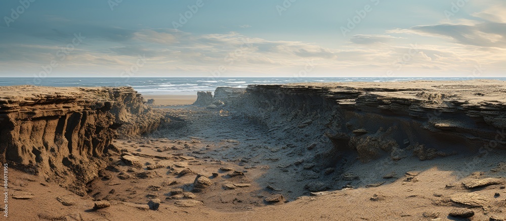 Poster Steep coastline facing rapid erosion rate of 2 meters per year, featuring a large cliff with a small hole on the beach. with copy space image. Place for adding text or design