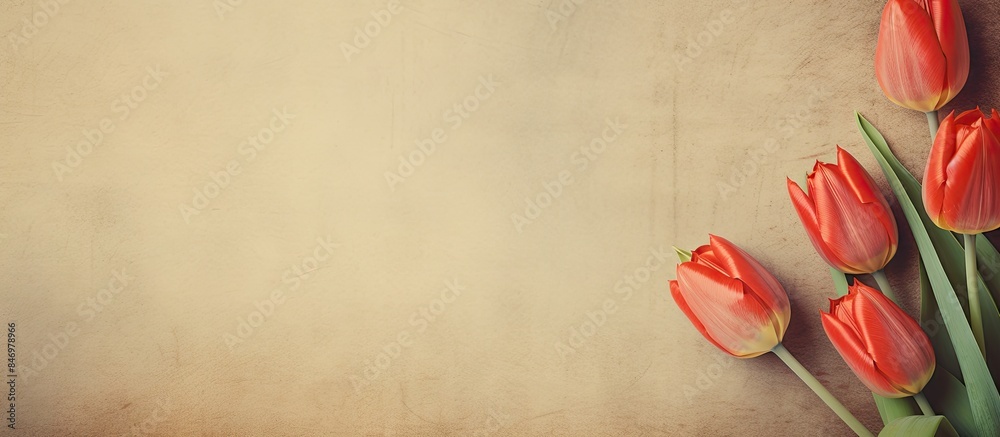 Fototapete Red tulips arranged on a plain beige surface with a subtle texture. with copy space image. Place for adding text or design