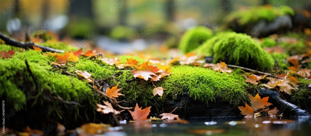 Fototapete lush forest floor covered in moss and maple leaves during autumn with a close-up of a mossy log. wit