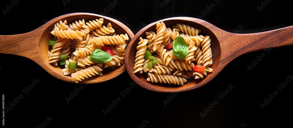 Leinwandbilder two wooden spoons filled with a colorful mix of pasta and vegetables, displayed on a sleek black cou