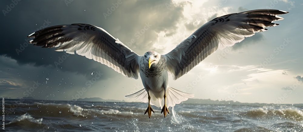 Aufkleber giraffe flying above ocean, wings spread wide, resembling a storm gull in the wild. with copy space 