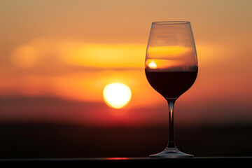 A red wine glass filled with wine on a table in front of a colorful golder hour sunset.