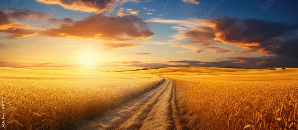 Aufkleber dirt road meandering through vast fields of golden wheat during sunset in a serene rural setting. wi