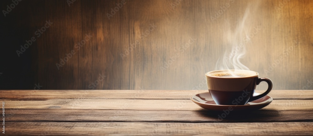 Poster vintage coffee cup resting on a rustic wood table, emitting a wisp of steam into the air. with copy 