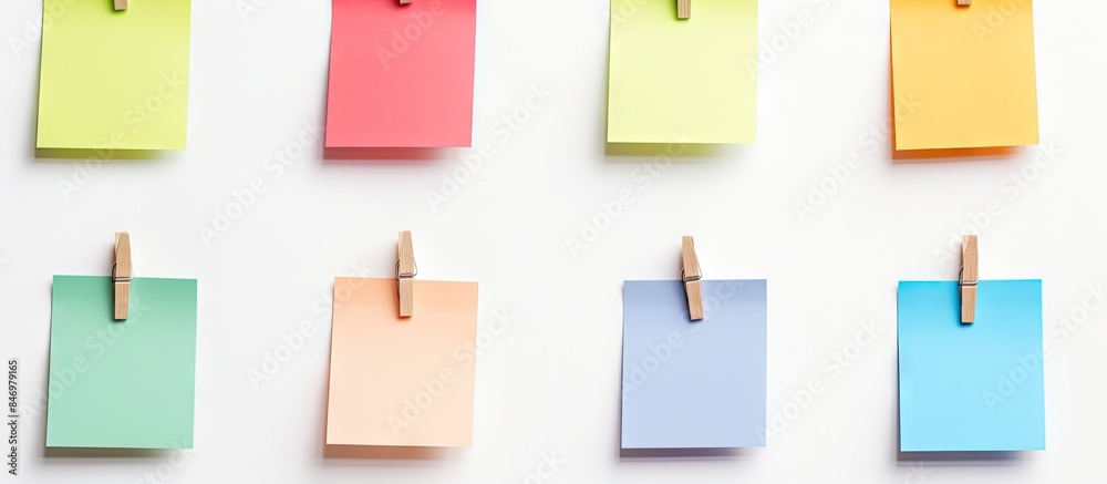 Aufkleber Vibrant reminder notes pinned on a string, creating a colorful and organized display. with copy space image. Place for adding text or design