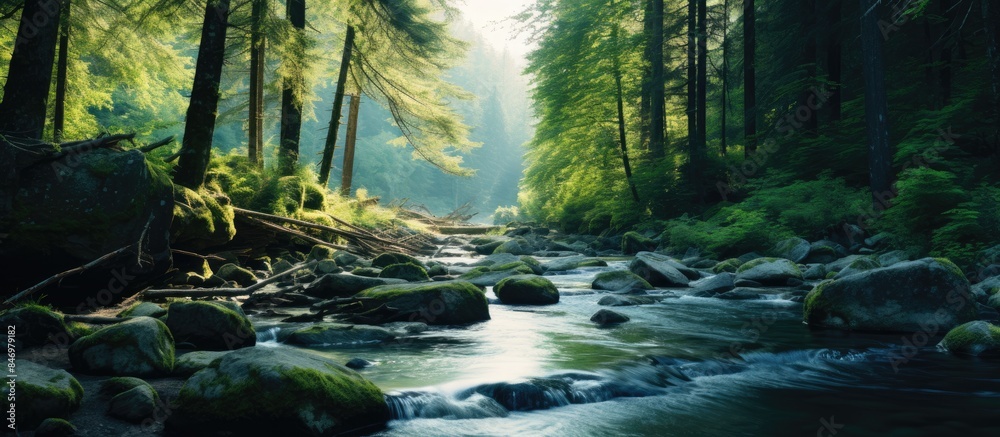 Leinwandbilder Flowing stream surrounded by moss-covered rocks and dense forest foliage creating a tranquil scene. with copy space image. Place for adding text or design