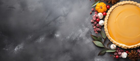 Pumpkin pie dessert placed on a table, prepared specially for Thanksgiving celebration on a textured grey stone background with ample space for text