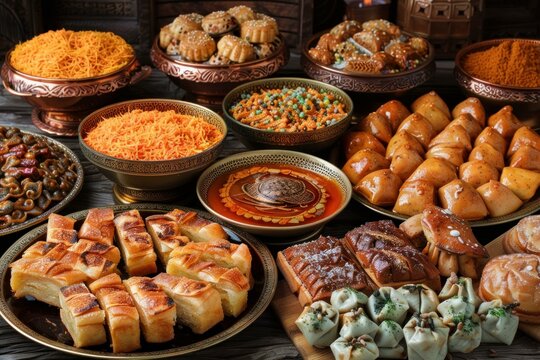 Captivating display of middle eastern desserts including baklava, maamoul, and kunafa