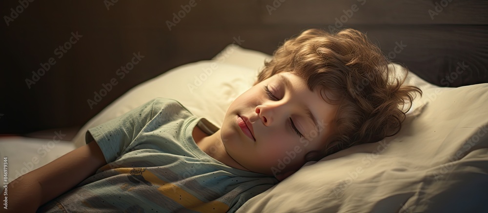 Poster Young child peacefully snoring while resting on a cozy bed indoors. with copy space image. Place for adding text or design