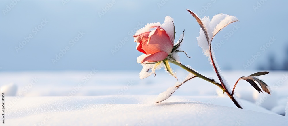 Poster Wild rose stem surrounded by winter snow in a close-up view. with copy space image. Place for adding text or design