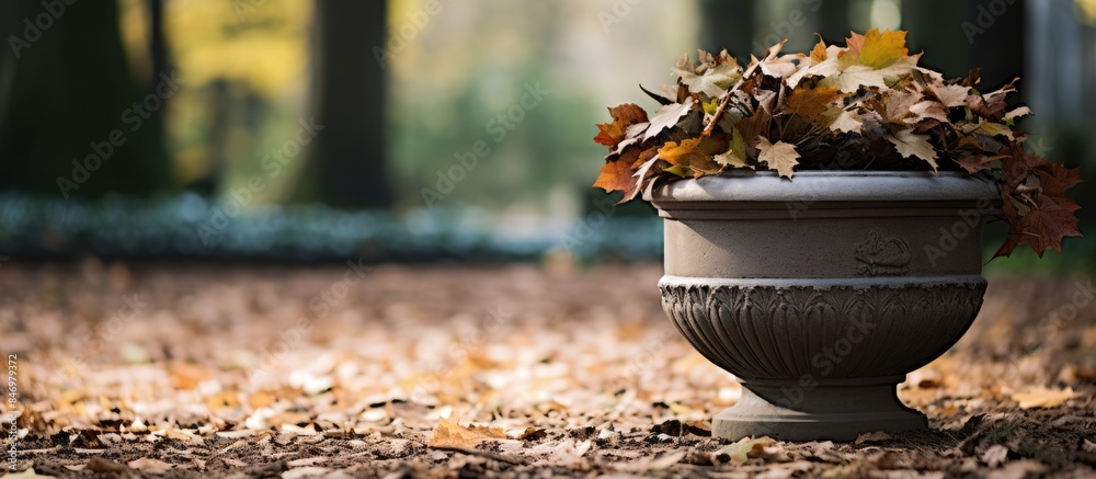 Fototapete A planter with lush green leaves sits at ground level, adding a touch of nature to the surroundings. with copy space image. Place for adding text or design