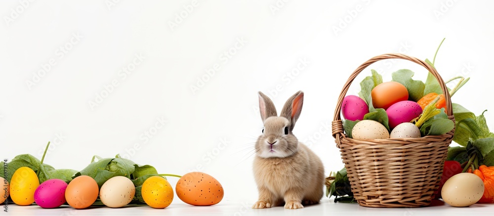 Poster White background with a rabbit alongside a basket filled with Easter eggs and carrots. with copy space image. Place for adding text or design