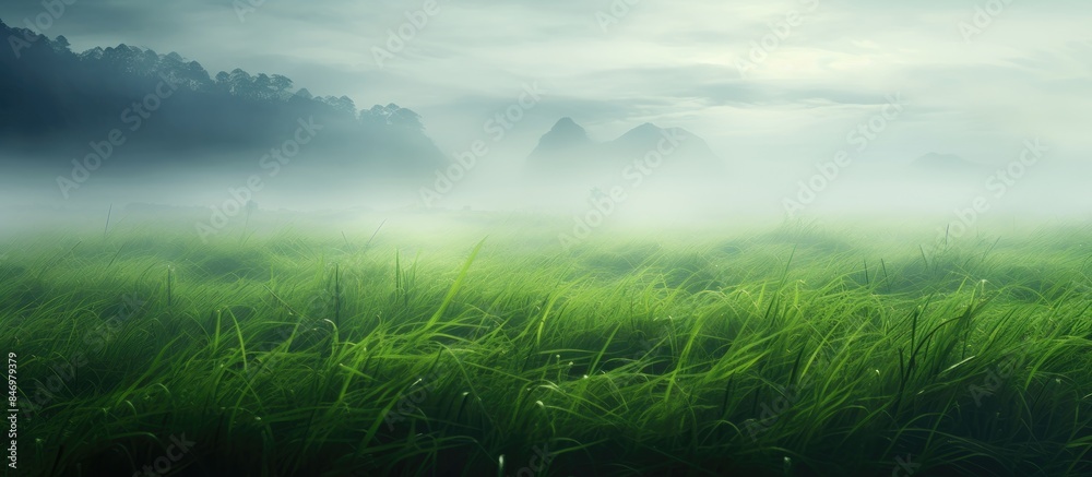 Aufkleber Grass and trees in the background create a serene foggy morning scene. with copy space image. Place for adding text or design