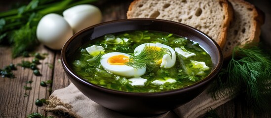 A white bowl of sorrel soup, green borscht, topped with chopped hard-boiled egg and sour cream. Slices of bread on a napkin on a vintage wooden table. with copy space image