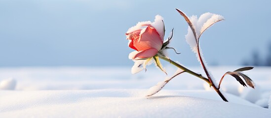 Wild rose stem surrounded by winter snow in a close-up view. with copy space image. Place for adding text or design