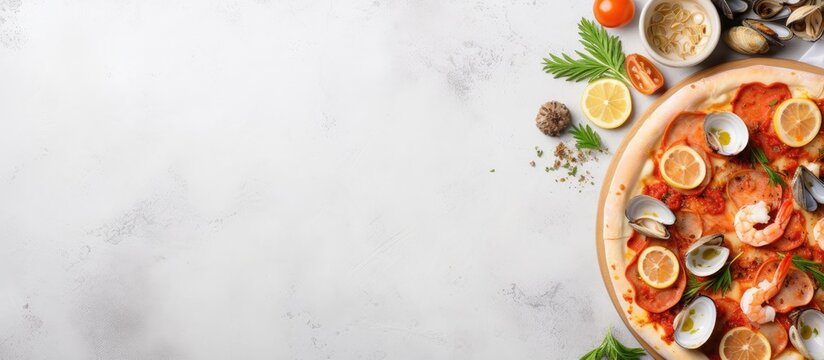 Delicious pizza topped with fresh seafood including shrimp, clams, and zesty lemon slices on a light grey marble table, perfect for text placement. with copy space image