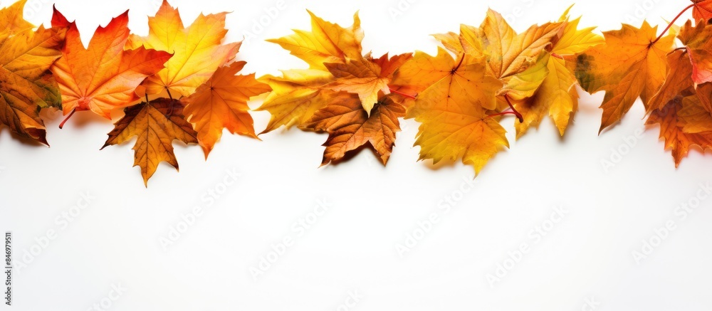Poster line of fall foliage on a plain white surface, showcasing the beauty of autumn leaves. with copy spa