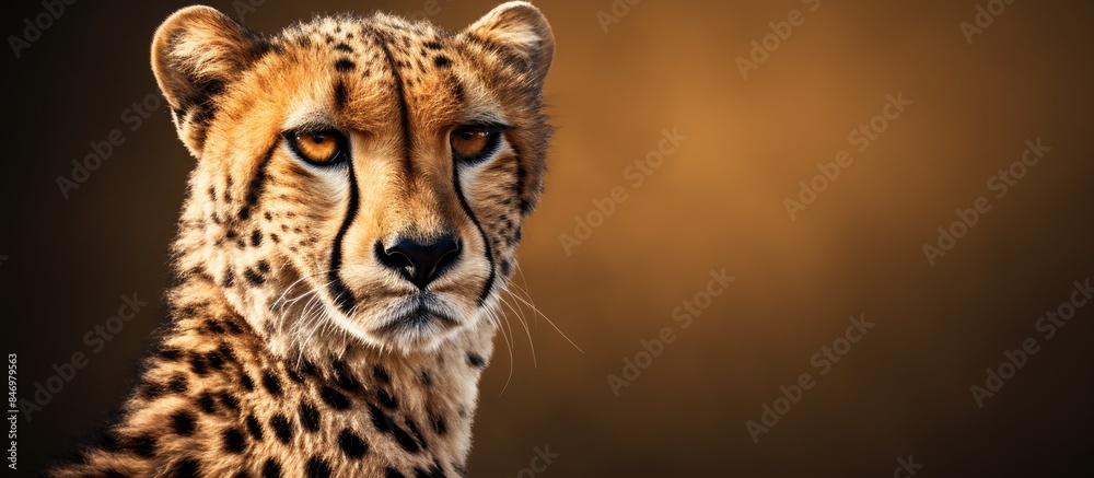 Poster Graceful African cheetah captured in a portrait, exuding elegance as it locks eyes with the viewer against a dark background. with copy space image. Place for adding text or design