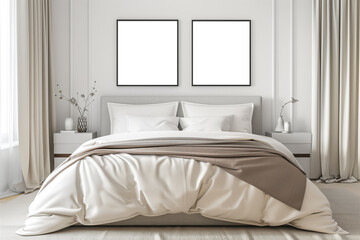 Mockup frames for wall decoration in the bedroom with modern minimalist interior and luxury furniture