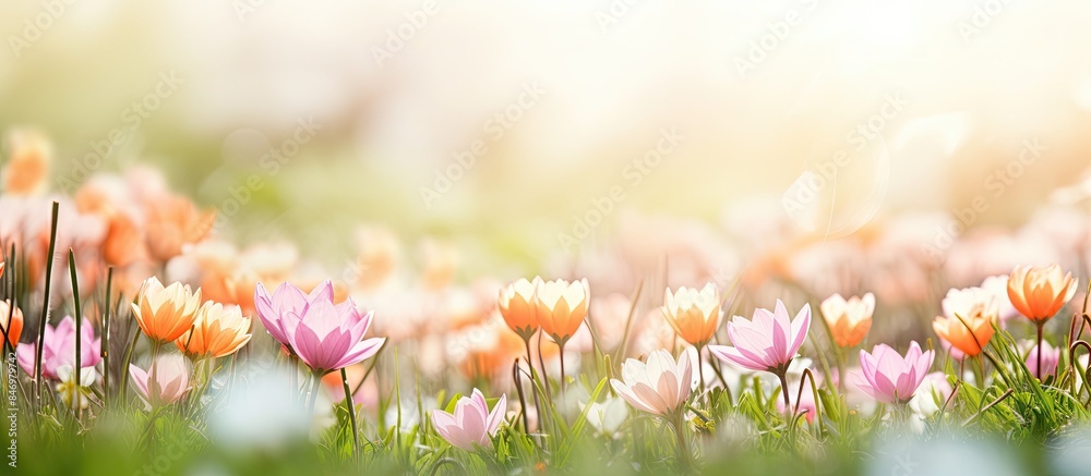 Aufkleber Vivid flowers in a grassy field illuminated by sunlight during springtime. with copy space image. Place for adding text or design