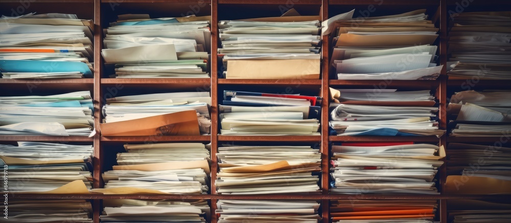 Aufkleber Bunch of paper files stored on a shelf in a disorderly manner resembling ancient archiving of old documents or letters. with copy space image. Place for adding text or design