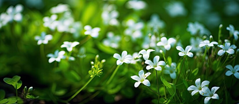 Numerous white blooms thriving in the grass, with delicate Stellaria media flowers known as chickenwort, craches, maruns, and winterweed. with copy space image. Place for adding text or design