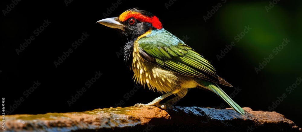 Poster a vibrant bird with a crimson-colored head sits gracefully on a tree branch in its natural habitat. 