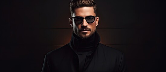 Obraz premium A fashionable man with a beard and glasses is dressed in a sleek black suit and stylishly poses against a dark brown background, showcasing men's fashion and hairstyles. with copy space image