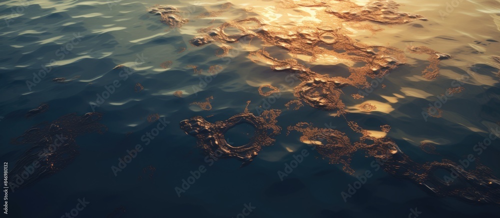 Poster Sun setting over a calm lake marred by an oil stain, creating an environmental hazard. with copy space image. Place for adding text or design