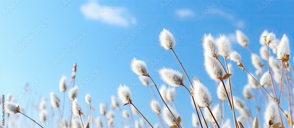 Fototapete A view from above of a field of white fluffy grass swaying in the breeze. with copy space image. Place for adding text or design
