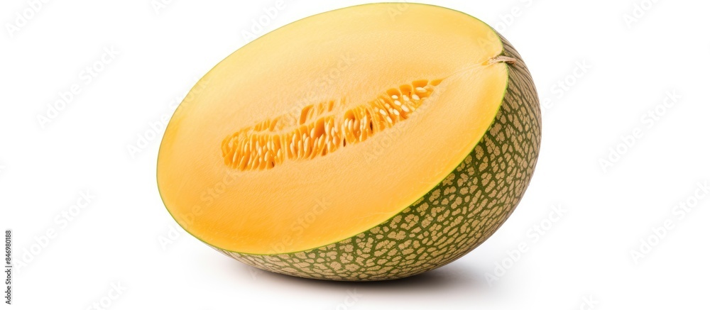 Leinwandbilder Fresh melon cut in half photographed up close on a clean white tabletop. with copy space image. Place for adding text or design