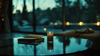 close up of an book and candle lighting with a softly focused night background of a cozy living room