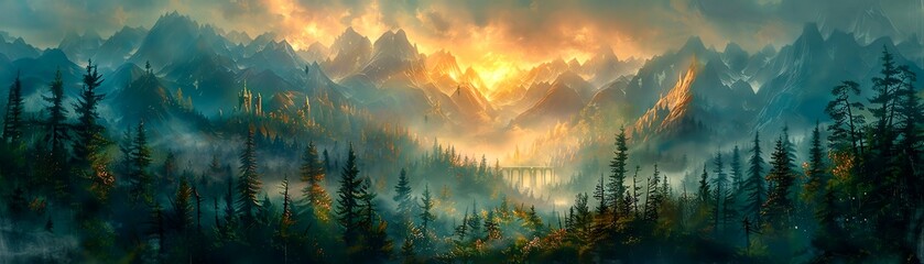 A beautiful landscape painting of a mountain range at sunset