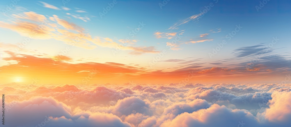 Aufkleber Plane soaring across the sky during a sunset, with clouds creating a picturesque backdrop. with copy space image. Place for adding text or design