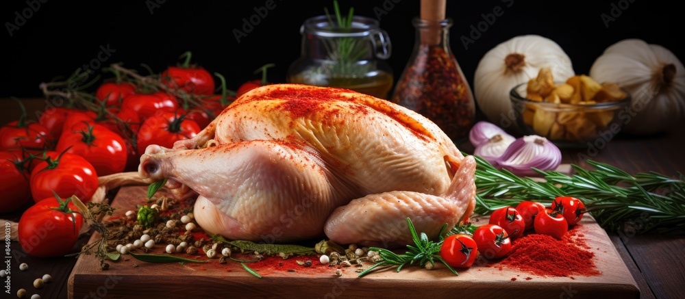 Leinwandbilder raw chicken drizzled with herbs and spices laid out and ready for cooking in the kitchen. with copy 