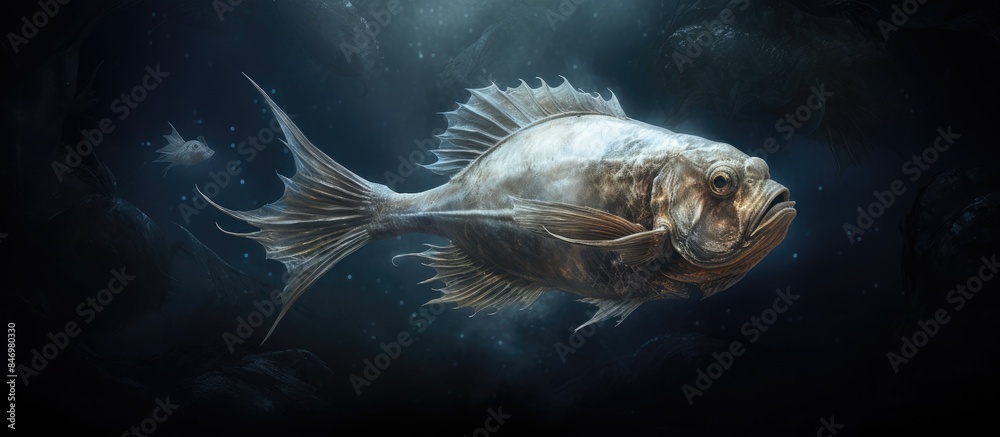 Poster the fish gracefully moves through the water, showcasing its elegant underwater dance. with copy spac