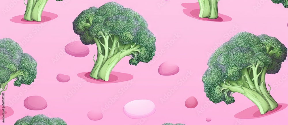 Poster fresh broccoli pieces spread out on a vibrant pink surface, creating a visually appealing arrangemen