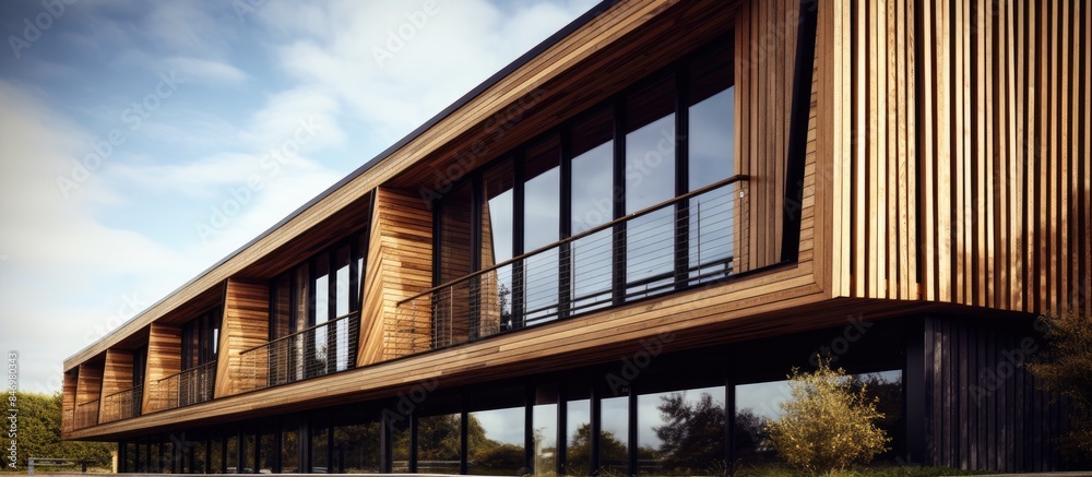 Poster Contemporary wooden building exterior featuring multiple windows and a seating bench. with copy space image. Place for adding text or design