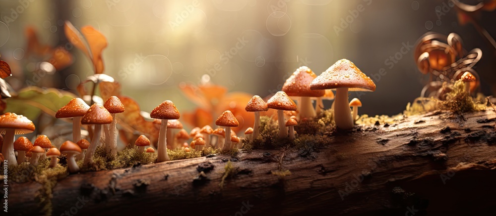 Poster Small mushrooms growing around a house during fall season, while mushrooms on a log in the woods are illuminated by a bright light. with copy space image. Place for adding text or design