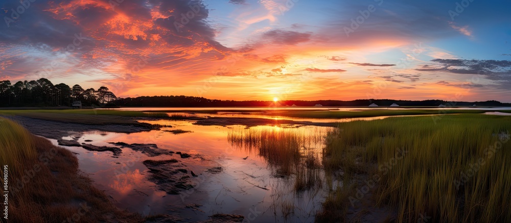Fototapete Rays of the setting sun illuminate the salt marsh next to a tranquil body of water. with copy space image. Place for adding text or design