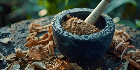 Grinding Kava Root in a Mortar and Pestle. Concept Kava Rituals, Traditional Practices, Herbal Remedies, Pacific Island Culture