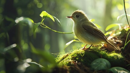 A small bird sits atop a moss-covered tree branch, surrounded by lush greenery