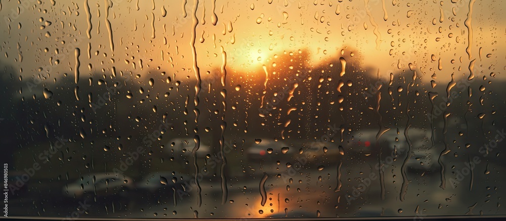Fototapete view of a sunset through a rain-splattered window with raindrops trickling down during a gloomy even